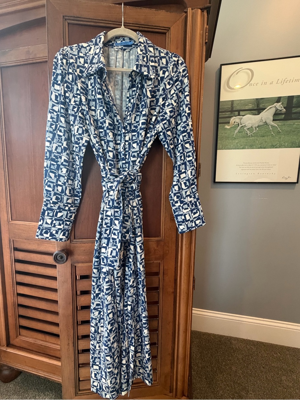 J. McLaughlin Maxi Women Blue White Geometric Long Sleeve Dress M Like New! Sash